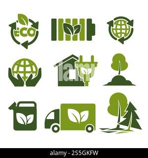 Eco green isolated icons reusing reducing and recycling saving ecology energy economy planet protection human hands house and electricity preserving trees and plants fuel and transport vector.. Eco green isolated icons reusing reducing and recycling saving ecology Stock Vector