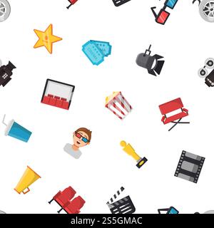 Vector colored flat cinema icons on white pattern or background illustration. Vector flat cinema icons pattern or background illustration Stock Vector