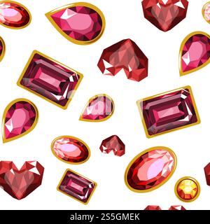 Gems and diamonds, precious stones seamless pattern vector. Crystal wealthy products in gold frames, jewellery items, fashionable and expensive objects. Sparkling karats and facets of gemstones. Gems and diamonds, precious stones seamless pattern vector. Stock Vector