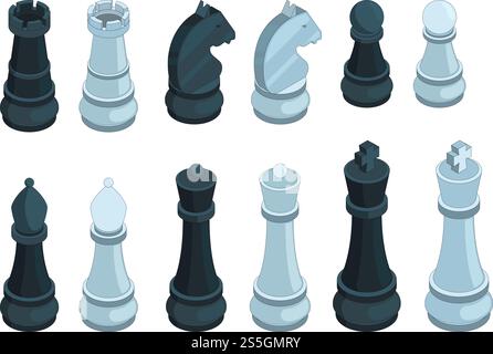 Chess isometric. Board game figures piece queen bishop strategy vector 3d pictures set isolated. Illustration of chess game, piece and bishop, pawn isometric and knight. Chess isometric. Board game figures piece queen bishop strategy vector 3d pictures set isolated Stock Vector