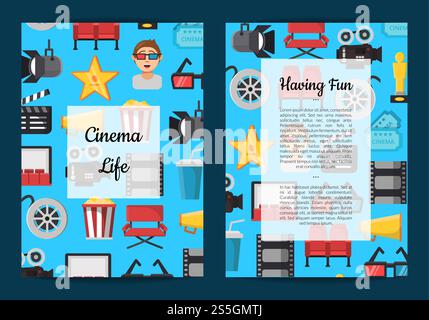 Vector flat cinema icons card or flyer template with colored pattern illustration. Vector flat cinema icons card or flyer Stock Vector
