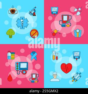 Vector colored diabetes icons infographic concept illustration. Color banner and poster set. Vector colored diabetes icons infographic concept illustration Stock Vector