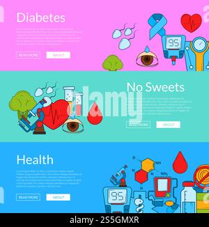 Vector colored diabetes icons web banner templates illustration. Horizontal poster collection. Vector colored diabetes icons web banner templates illustration Stock Vector