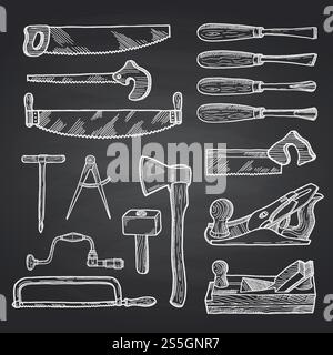 Vector hand drawn carpentry elements set on black chalkboard background illustration. Vector hand drawn carpentry on black chalkboard Stock Vector