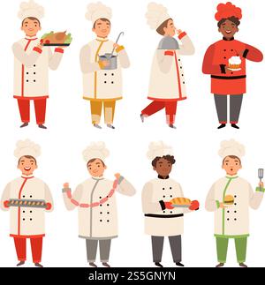 Cook characters. Chef at kitchen cooking various tasty food funny cartoon mascot in various poses. Chef cook character, cooking food for restaurant. Vector illustration. Cook characters. Chef at kitchen cooking various tasty food funny cartoon mascot in various poses Stock Vector