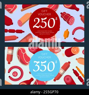 Vector flat meat and sausages icons discount or gift voucher templates illustration with price. Vector flat meat and sausages icons discount or gift voucher Stock Vector