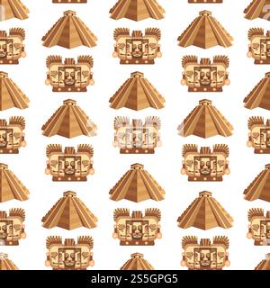 Maya traditional attributes and ancient priceless relics seamless pattern. Old pyramids, sharp spear, solid shield, authentic headdress, human skull, wooden totem and archaeological finds vector illustrations.. Maya traditional attributes and ancient priceless relics seamless pattern. Stock Vector