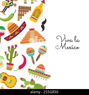 Vector flat Mexico attributes background with place for text illustration. Vector flat Mexico background with place text Stock Vector