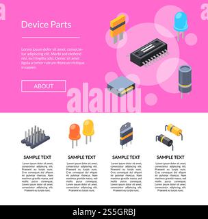 Vector isometric microchips and electronic parts icons landing page template illustration. Vector isometric microchips and electronic parts icons Stock Vector