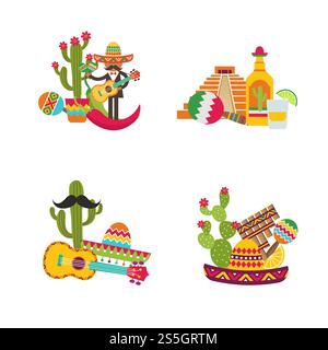 Vector flat Mexico attributes piles set isolated on white background illustration. Vector flat Mexico set isolated on white background Stock Vector