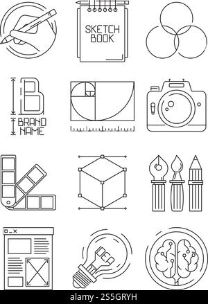 Creative process icons. Sketch design branding blogging graphic creative symbols of artists peoples vector illustrations. Business design development process, creative digital tools branding sketch. Creative process icons. Sketch design branding blogging graphic creative symbols of artists peoples vector illustrations Stock Vector