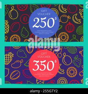 Vector line fruits icons discount or gift voucher templates illustration. Vector line fruits icons discount or gift voucher Stock Vector