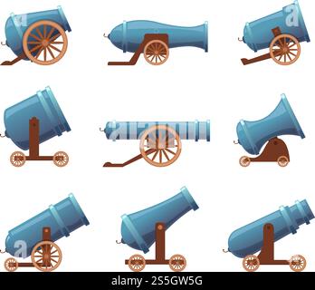 Retro cannon. Vintage military old iron weapons medieval circus artillery vector in cartoon style. Cannon weapon for war medieval, old gun army illustration. Retro cannon. Vintage military old iron weapons medieval circus artillery vector in cartoon style Stock Vector