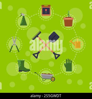 Vector flat gardening icons infographic concept illustration. Tools of collection. Vector flat gardening icons infographic Stock Vector
