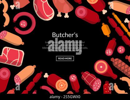 Vector flat meat and sausages icons pattern or background illustration for web page or banner. Vector flat meat and sausages icons pattern or background illustration Stock Vector