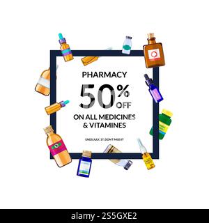 Vector pharmacy medicine bottles flying around frame with place for text illustration isolated on white background. Vector pharmacy medicine bottles with place for text illustration Stock Vector