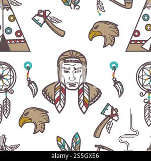 Native American Indians traditional culture symbols pattern background. Vector seamless design of Indigenous household and tribal icons wigwam hut, tomahawk weapon tools and smoking pipe. Native American Indians traditional culture symbols pattern background. Stock Vector