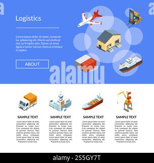 Seaport isometric template with crane loading inscription cargo on ship ...