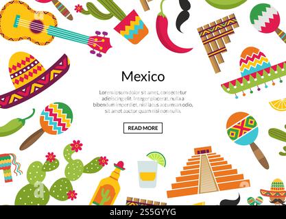 Vector flat Mexico attributes background with place for text illustration. Vector flat Mexico attributes background place for text Stock Vector