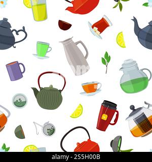 Vector cartoon colored tea kettles and cups pattern or background on white illustration. Vector cartoon tea kettles and cups pattern or background illustration Stock Vector