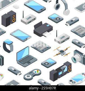 Vector isometric gadgets icons pattern or background illustration. Printer and drone, router and flash drive. Vector isometric gadgets icons pattern or background illustration Stock Vector