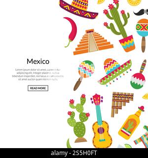 Vector flat Mexico attributes background with place for text illustration. Banner poster web page. Vector flat Mexico attributes background with place for text illustration Stock Vector