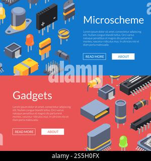 Vector isometric microchips and electronic parts icons web banner templates illustration. Vector isometric microchips and electronic parts icons Stock Vector