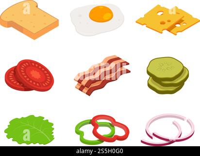 Sandwich isometric. Constructor of food with various ingredients. Sandwich food, cheese and tomato for hamburger, lunch bread for cheeseburger illustration. Sandwich isometric. Constructor of food with various ingredients Stock Vector