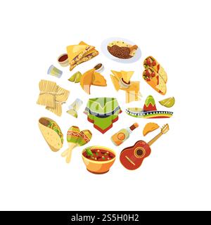 Vector cartoon mexican food in circle shape illustration isolated on white background. Vector cartoon mexican food in circle shape illustration Stock Vector