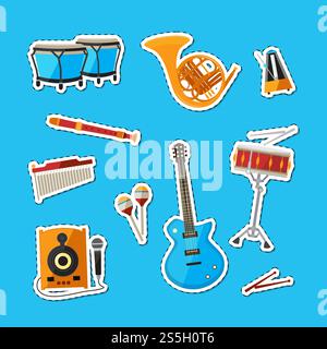 Vector cartoon musical instruments stickers set illustration isolated on blue background. Vector cartoon musical instruments stickers set illustration Stock Vector