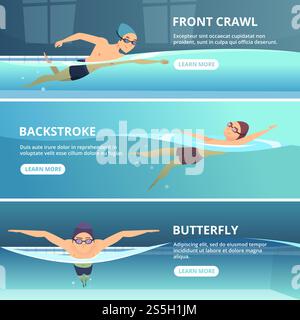 Swimming pool with swimmers. Horizontal banners with sport illustrations. Swimmer training swim, athlete exercise race. Swimming pool with swimmers. Horizontal banners with sport illustrations Stock Vector