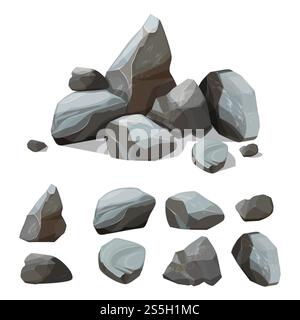 Cartoon mountain stones. Rocky big wall from gravels and boulders vector creation kit with various colored parts of stones. Illustration of rock stone pile, material granite solid, boulder and rocky. Cartoon mountain stones. Rocky big wall from gravels and boulders vector creation kit with various colored parts of stones Stock Vector