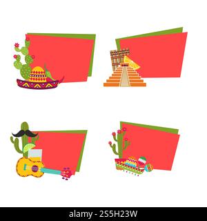Vector flat Mexico attributes stickers with place for text set illustration. Vector flat Mexico stickers with place for text Stock Vector