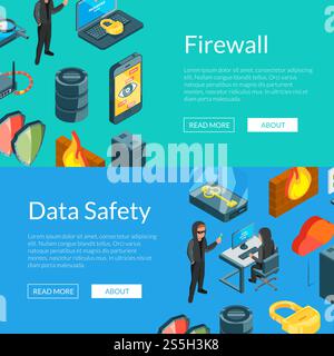 Vector isometric data and computer safety icons web banner templates illustration. Digital internet technology. Vector isometric data and computer safety icons web banner templates illustration Stock Vector