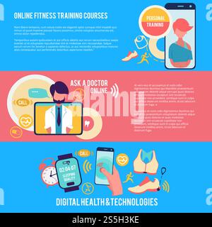 Medicine and technology. Horizontal banners with illustrations of medicine. Vector online web diagnosis, fitness training smartphone. Medicine and technology. Horizontal banners with illustrations of medicine Stock Vector
