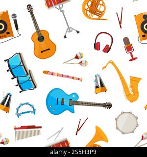 Vector cartoon musical instruments seamless pattern isolated on background llustration. Vector musical instruments pattern Stock Vector