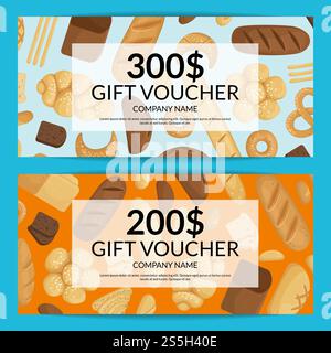 Vector cartoon bakery elements discount or gift voucher templates illustration. Vector cartoon bakery discount or gift voucher Stock Vector