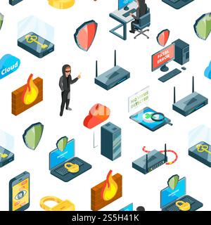 Vector isometric data and computer safety icons seamless pattern or background illustration. Vector isometric data and computer safety icons pattern or illustration Stock Vector