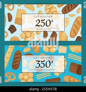 Vector cartoon bakery elements discount or gift voucher templates illustration. Banner with price present. Vector cartoon bakery elements discount or gift voucher templates illustration Stock Vector
