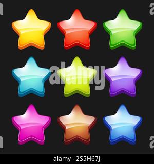Colored cartoon stars. Shiny games crystal icons status symbols of gui vector items for mobile gaming. Illustration of star shiny cartoon for game. Colored cartoon stars. Shiny games crystal icons status symbols of gui vector items for mobile gaming Stock Vector