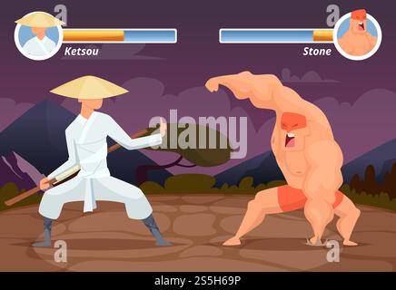Game fighting. Screen location of computer 2D gaming asian fighter vs wrestler luchador vector background. Video game screen app, battle and combat player illustration. Game fighting. Screen location of computer 2D gaming asian fighter vs wrestler luchador vector background Stock Vector