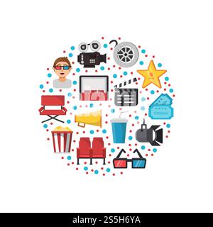 Vector flat cinema icons in circle shape with confetti illustration. Movie film icon, video entertainment with popcorn. Vector flat cinema icons in circle shape with confetti illustration Stock Vector