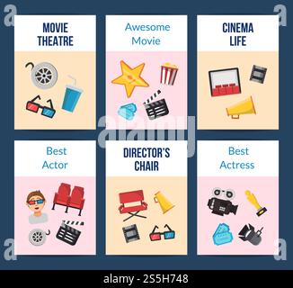 Vector colored flat cinema icons card of set with place for text illustration. Vector flat cinema icons card set illustration Stock Vector