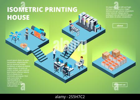 Printing house building. Industrial print production office interior inkjet offset publishing machines copier printer vector isometric. Illustration of processing multifunction printout printer. Printing house building. Industrial print production office interior inkjet offset publishing machines copier printer vector isometric Stock Vector