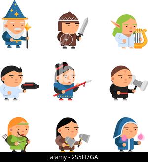 Fantasy characters. 2d game sprite male and female heroes computer soldiers rpg shooter mascots soldiers knights wizards vector. Illustration of soldier and knight, character 2d warrior. Fantasy characters. 2d game sprite male and female heroes computer soldiers rpg shooter mascots soldiers knights wizards vector Stock Vector
