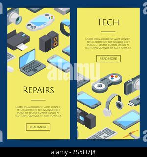 Vector isometric gadgets icons web banner and poster page templates illustration. Gadgets banners. Vector isometric gadgets icons web illustration Stock Vector