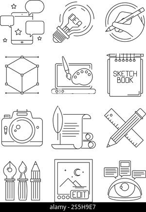 Creative line icons. Process of artists branding blogging graphic symbols vector arts isolated. Branding and prototyping, sketch tool for blogging illustration. Creative line icons. Process of artists branding blogging graphic symbols vector arts isolated Stock Vector