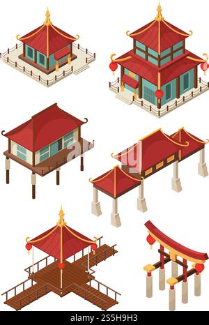 Asian architecture isometric. Traditional chinese and japan houses buildings roof vector 3d illustrations. Japan and chinese building, pagoda architecture, house and bridge illustration. Asian architecture isometric. Traditional chinese and japan houses buildings roof vector 3d illustrations Stock Vector