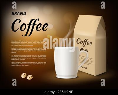 Coffee advertising. Poster design template with illustrations of coffee mug. Vector coffee cup, hot beverage product. Coffee advertising. Poster design template with illustrations of coffee mug Stock Vector