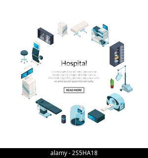 Vector isometric hospital icons in circle shape with place for text illustration. Vector isometric hospital icons in circle shape Stock Vector